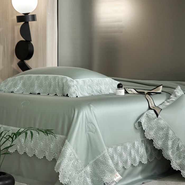 91家纺网 家纺一手货源 找家纺 洽想家 2025春夏新款100S天丝棉蕾丝夏被四件套--沐颜 沐颜 绿色