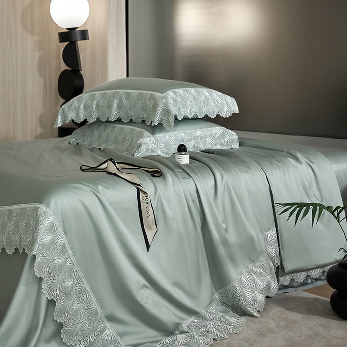 91家纺网 家纺一手货源 找家纺 洽想家 2025春夏新款100S天丝棉蕾丝夏被四件套--沐颜 沐颜 绿色