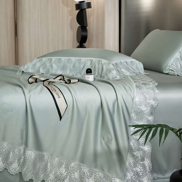 91家纺网 家纺一手货源 找家纺 洽想家 2025春夏新款100S天丝棉蕾丝夏被四件套--沐颜 沐颜 绿色