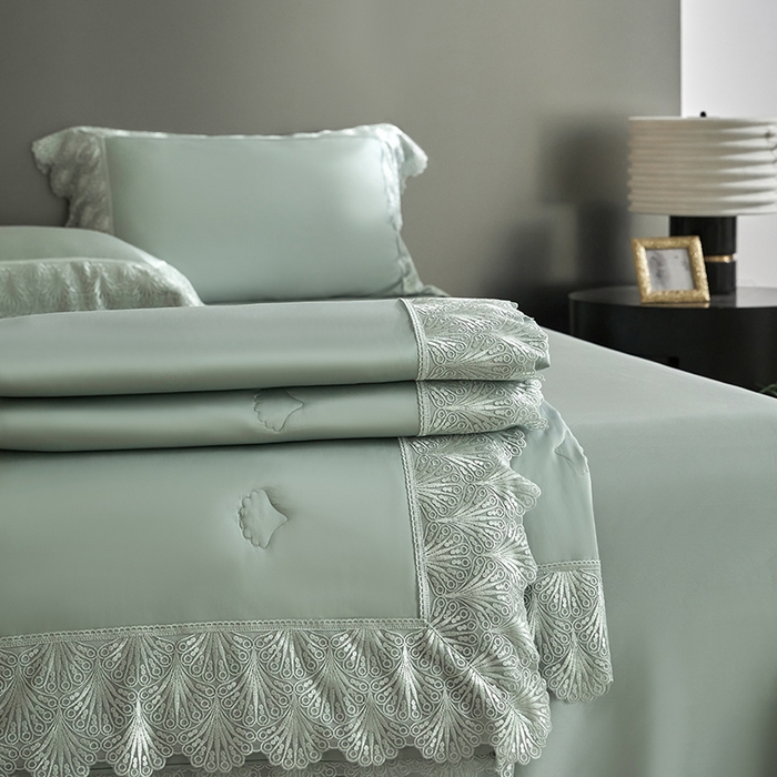 91家纺网 家纺一手货源 找家纺 洽想家 2025春夏新款100S天丝棉蕾丝夏被四件套--沐颜 沐颜 绿色