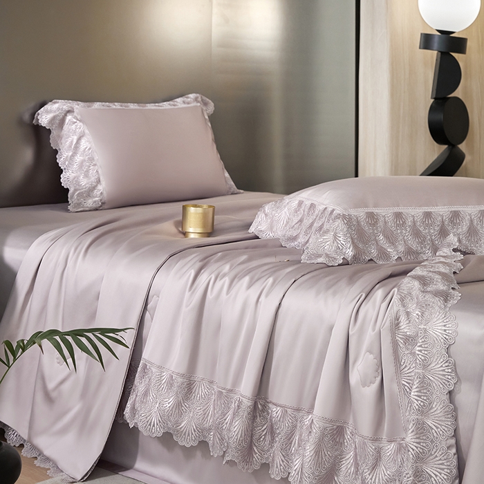 91家纺网 家纺一手货源 找家纺 洽想家 2025春夏新款100S天丝棉蕾丝夏被四件套--沐颜 沐颜 紫色