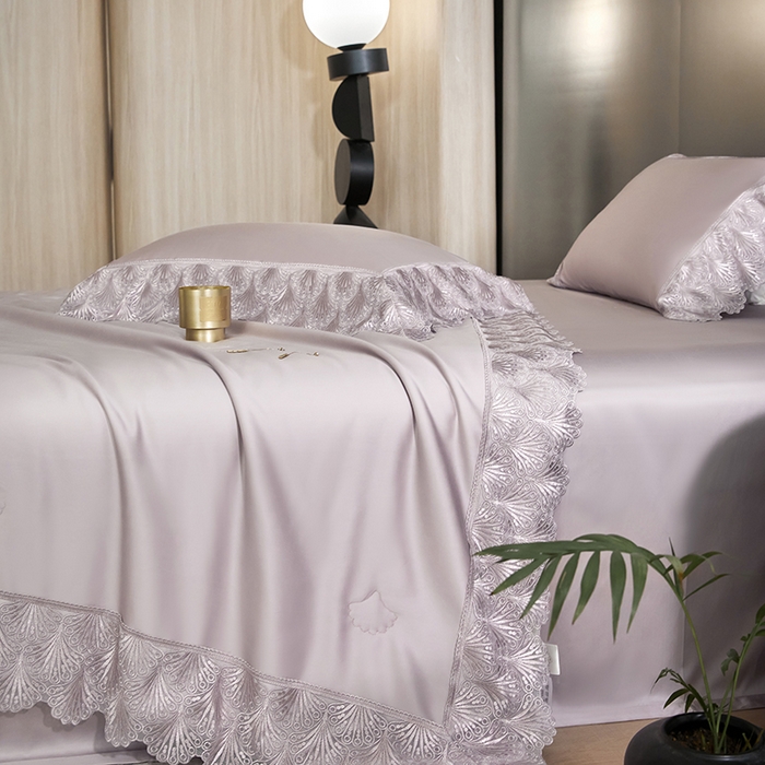 91家纺网 家纺一手货源 找家纺 洽想家 2025春夏新款100S天丝棉蕾丝夏被四件套--沐颜 沐颜 紫色