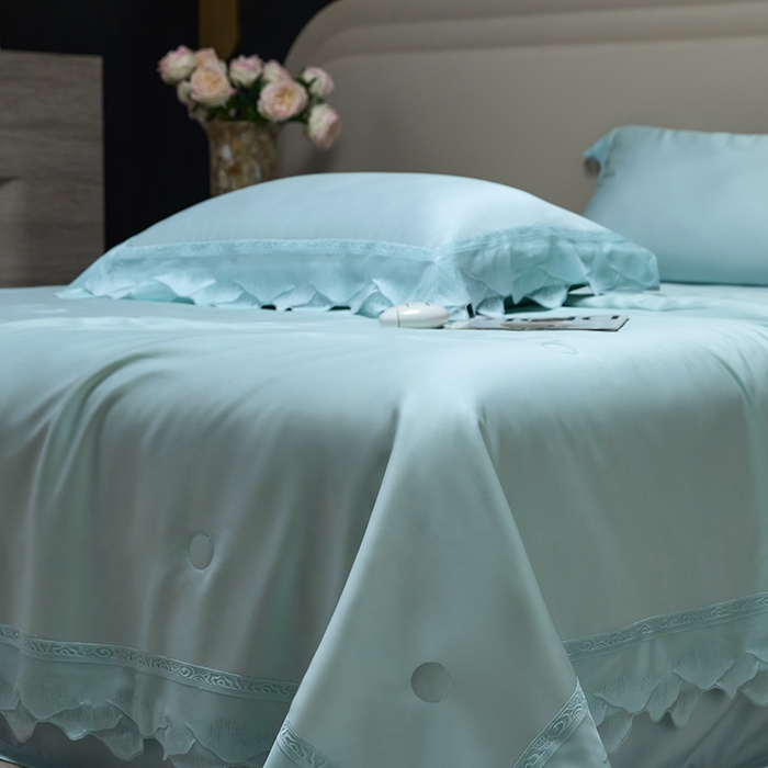 91家纺网 家纺一手货源 找家纺 洽想家 2025新品80支兰精天丝大豆纤维夏被四件套-山峦迭 山峦迭-绿