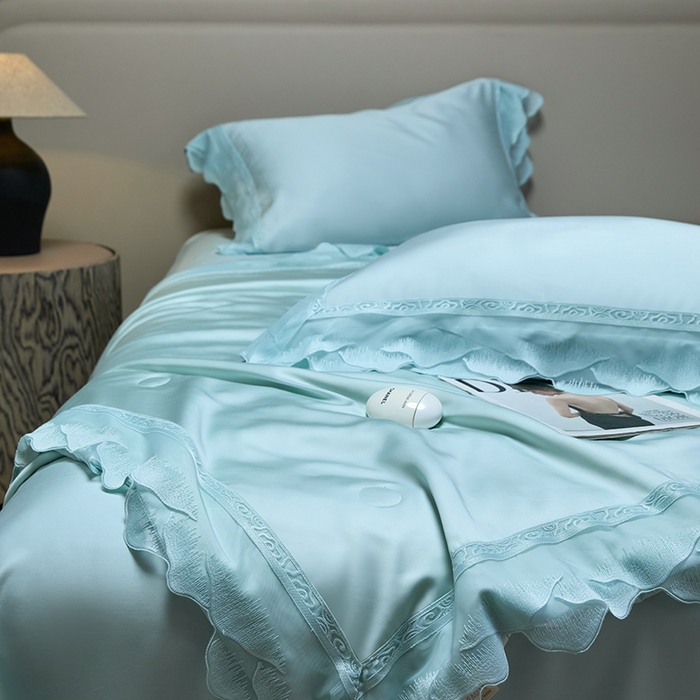 91家纺网 家纺一手货源 找家纺 洽想家 2025新品80支兰精天丝大豆纤维夏被四件套-山峦迭 山峦迭-绿