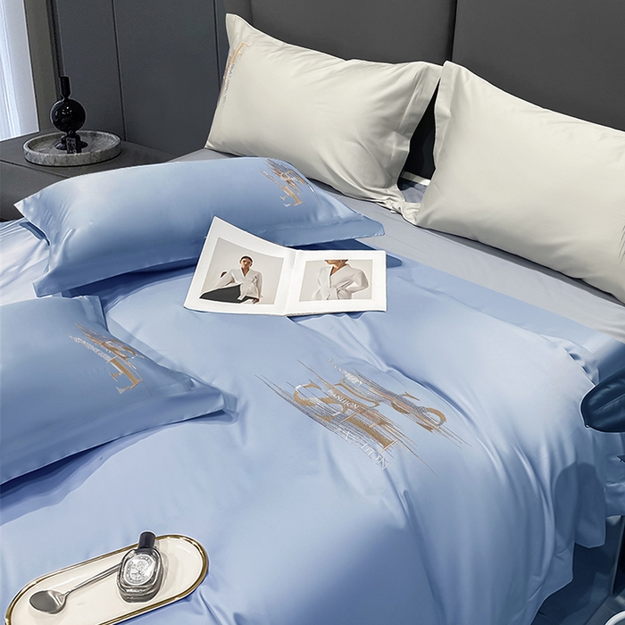 91家纺网 家纺一手货源 找家纺 洽想家 2025新款100支长绒棉刺绣四件套--时光痕迹 时光痕迹-宾利蓝