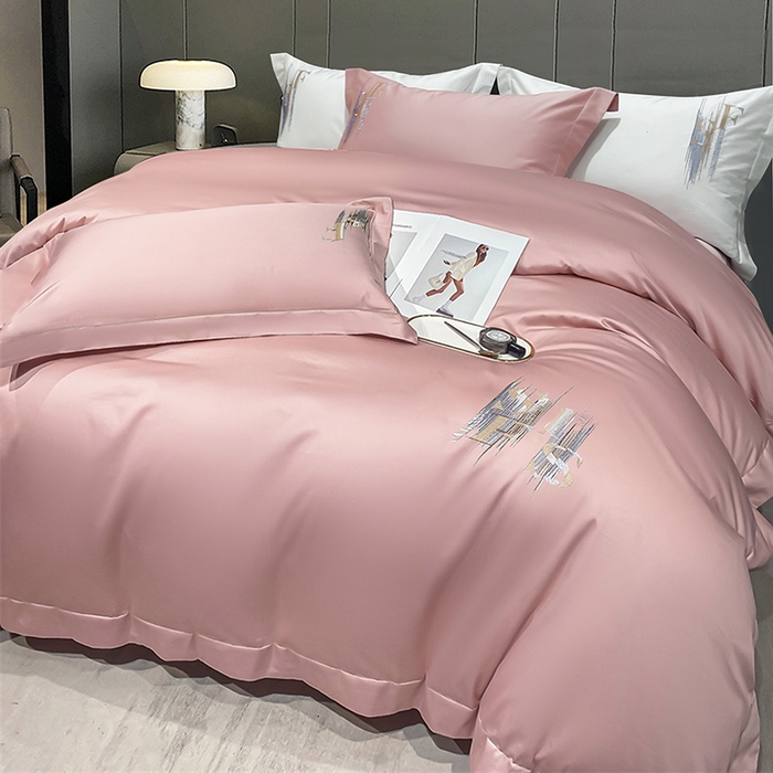 91家纺网 家纺一手货源 找家纺 洽想家 2025新款100支长绒棉刺绣四件套--时光痕迹 时光痕迹-豆沙粉