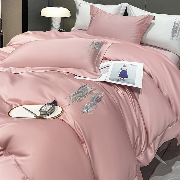 91家纺网 家纺一手货源 找家纺 洽想家 2025新款100支长绒棉刺绣四件套--时光痕迹 时光痕迹-豆沙粉