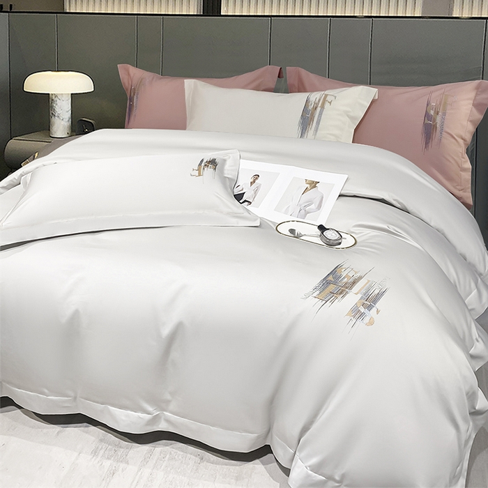 91家纺网 家纺一手货源 找家纺 洽想家 2025新款100支长绒棉刺绣四件套--时光痕迹 时光痕迹-皓月白