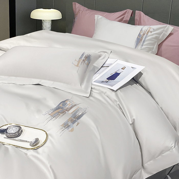 91家纺网 家纺一手货源 找家纺 洽想家 2025新款100支长绒棉刺绣四件套--时光痕迹 时光痕迹-皓月白