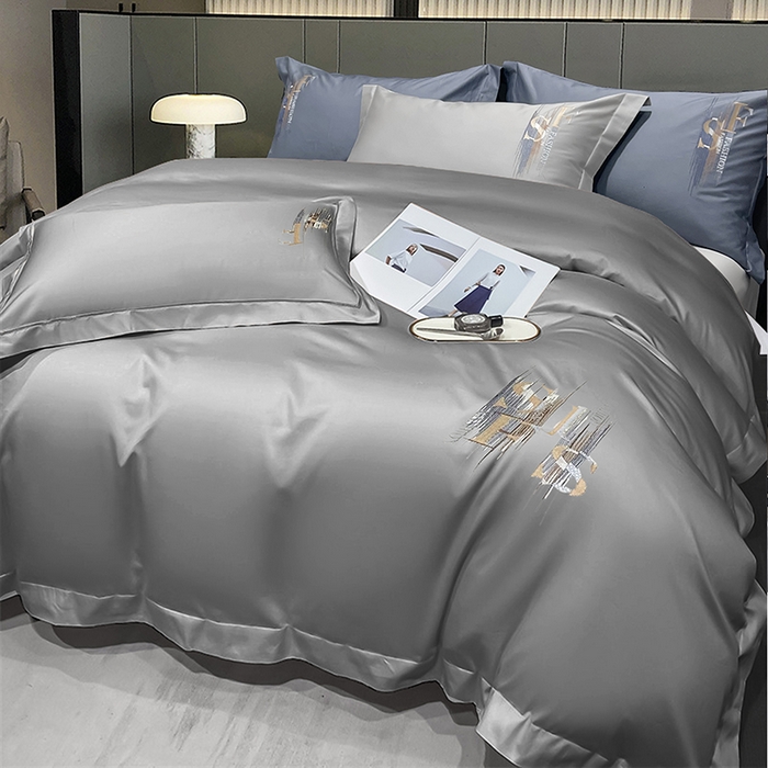 91家纺网 家纺一手货源 找家纺 洽想家 2025新款100支长绒棉刺绣四件套--时光痕迹 时光痕迹-月光灰