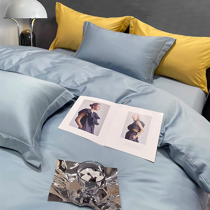 91家纺网 家纺一手货源 找家纺 洽想家 2025新款100支新疆长绒棉纯色埋绳款四件套 浅石蓝