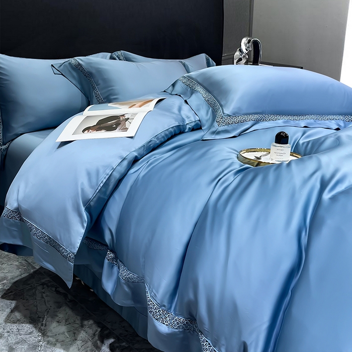 91家纺网 家纺一手货源 找家纺 洽想家 2025新款80支天丝镂空瑾系列四件套 瑾-地中蓝