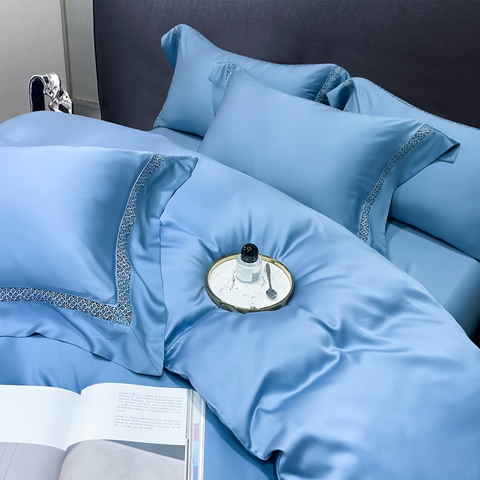 91家纺网 家纺一手货源 找家纺 洽想家 2025新款80支天丝镂空瑾系列四件套 瑾-地中蓝