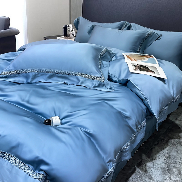 91家纺网 家纺一手货源 找家纺 洽想家 2025新款80支天丝镂空瑾系列四件套 瑾-地中蓝