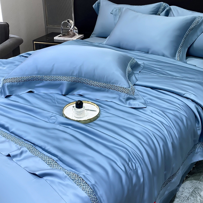 91家纺网 家纺一手货源 找家纺 洽想家 2025新款80支天丝镂空瑾系列四件套 瑾-地中蓝