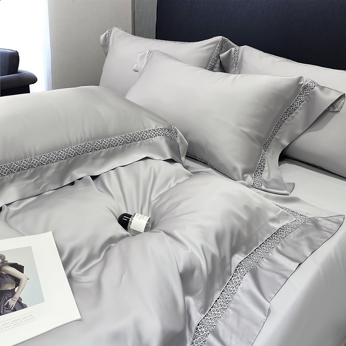 91家纺网 家纺一手货源 找家纺 洽想家 2025新款80支天丝镂空瑾系列四件套 瑾-经典灰