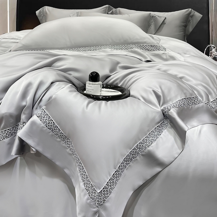 91家纺网 家纺一手货源 找家纺 洽想家 2025新款80支天丝镂空瑾系列四件套 瑾-经典灰