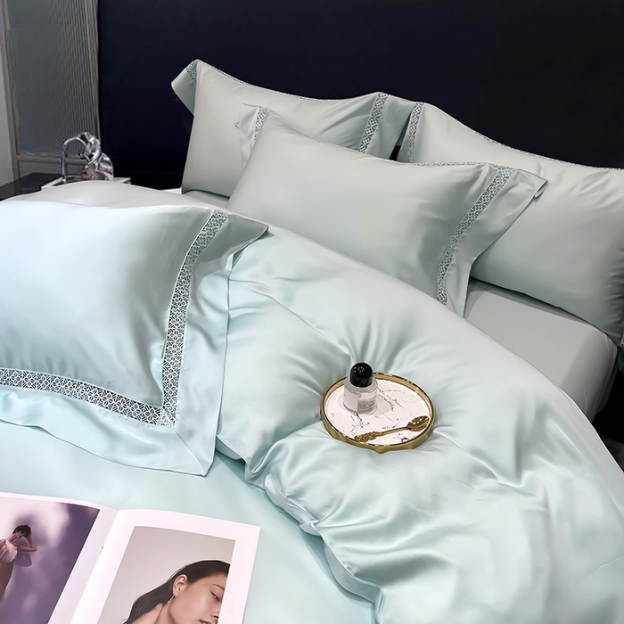 91家纺网 家纺一手货源 找家纺 洽想家 2025新款80支天丝镂空瑾系列四件套 瑾-玛瑙绿