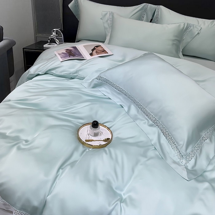 91家纺网 家纺一手货源 找家纺 洽想家 2025新款80支天丝镂空瑾系列四件套 瑾-玛瑙绿