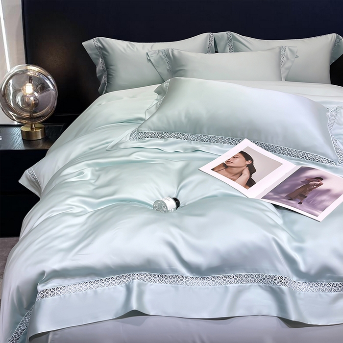 91家纺网 家纺一手货源 找家纺 洽想家 2025新款80支天丝镂空瑾系列四件套 瑾-玛瑙绿