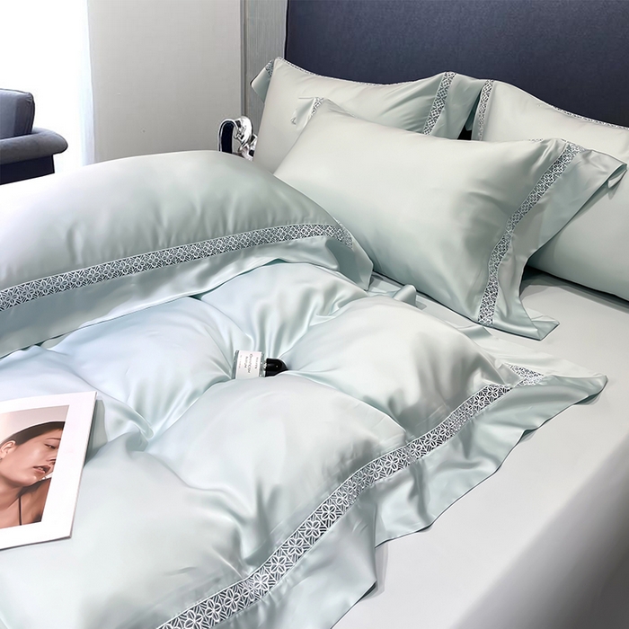 91家纺网 家纺一手货源 找家纺 洽想家 2025新款80支天丝镂空瑾系列四件套 瑾-玛瑙绿