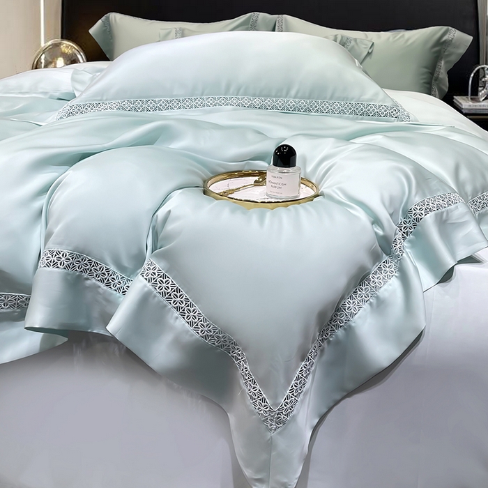 91家纺网 家纺一手货源 找家纺 洽想家 2025新款80支天丝镂空瑾系列四件套 瑾-玛瑙绿