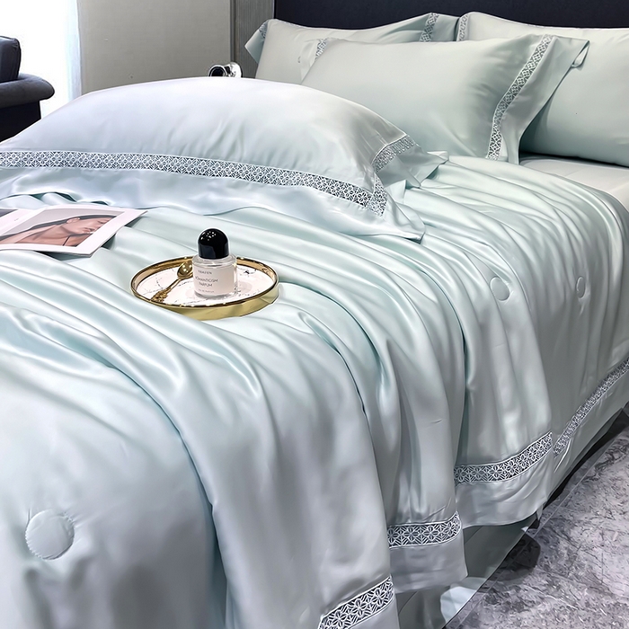 91家纺网 家纺一手货源 找家纺 洽想家 2025新款80支天丝镂空瑾系列四件套 瑾-玛瑙绿