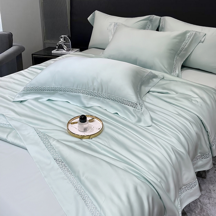 91家纺网 家纺一手货源 找家纺 洽想家 2025新款80支天丝镂空瑾系列四件套 瑾-玛瑙绿