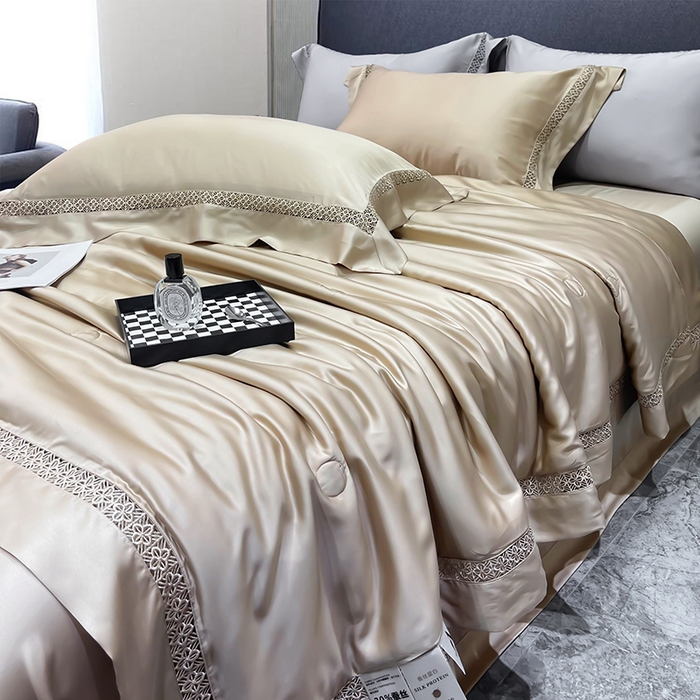 91家纺网 家纺一手货源 找家纺 洽想家 2025新款80支天丝镂空瑾系列四件套 瑾-米咖棕