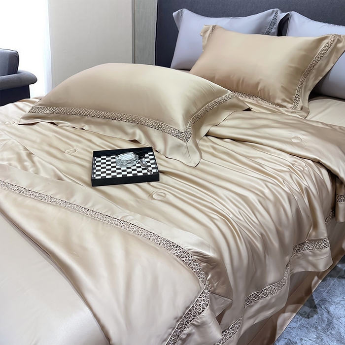 91家纺网 家纺一手货源 找家纺 洽想家 2025新款80支天丝镂空瑾系列四件套 瑾-米咖棕