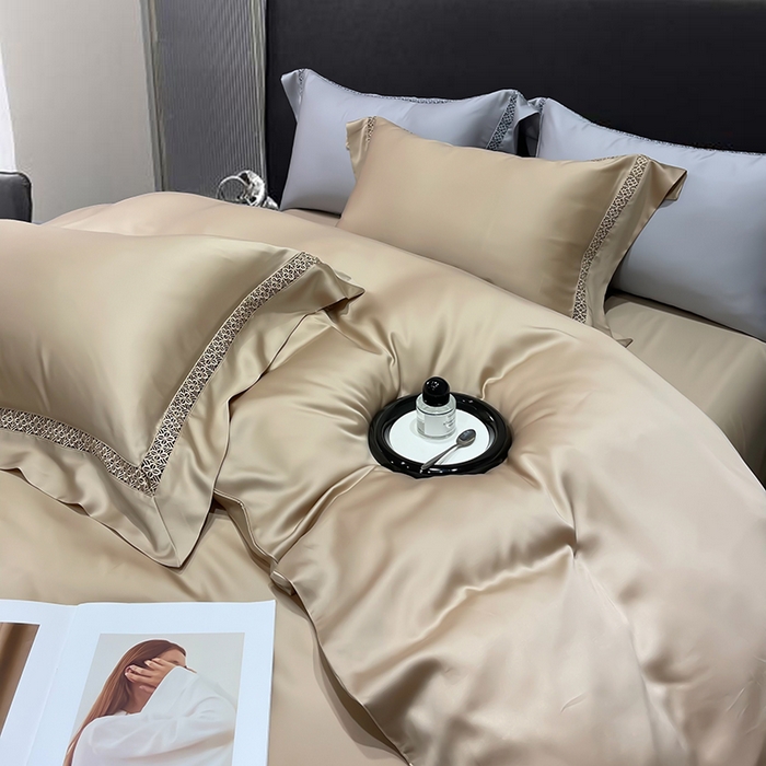 91家纺网 家纺一手货源 找家纺 洽想家 2025新款80支天丝镂空瑾系列四件套 瑾-米咖棕