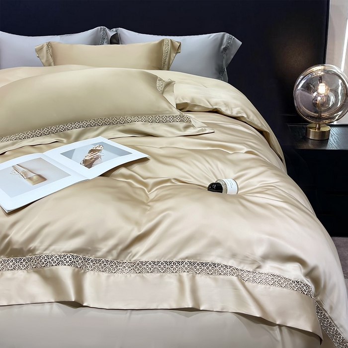 91家纺网 家纺一手货源 找家纺 洽想家 2025新款80支天丝镂空瑾系列四件套 瑾-米咖棕