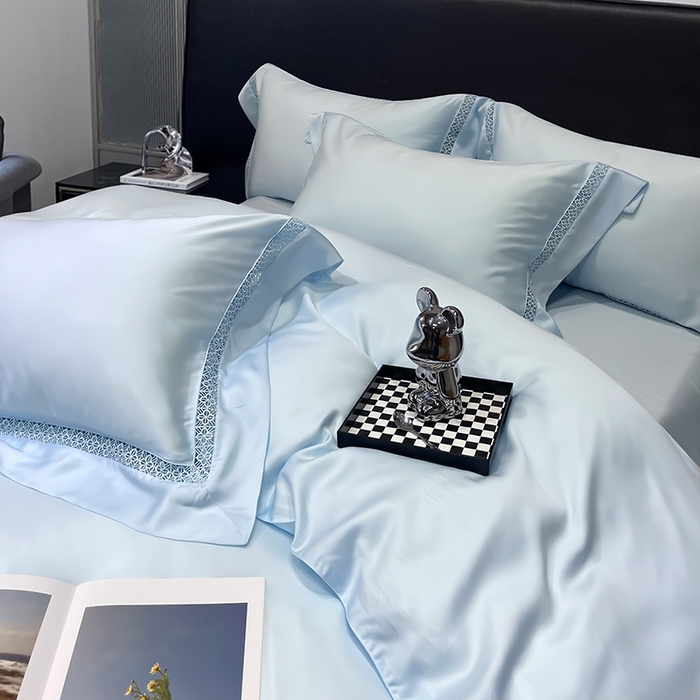 91家纺网 家纺一手货源 找家纺 洽想家 2025新款80支天丝镂空瑾系列四件套 瑾-天空蓝