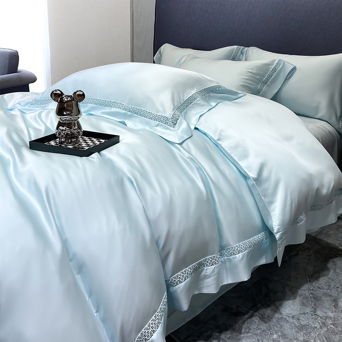 91家纺网 家纺一手货源 找家纺 洽想家 2025新款80支天丝镂空瑾系列四件套 瑾-天空蓝