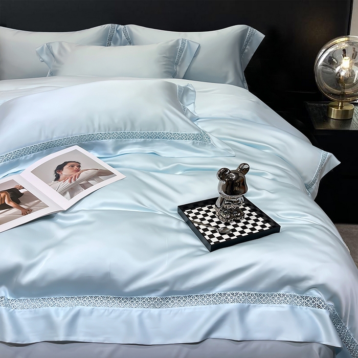 91家纺网 家纺一手货源 找家纺 洽想家 2025新款80支天丝镂空瑾系列四件套 瑾-天空蓝