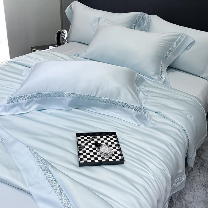 91家纺网 家纺一手货源 找家纺 洽想家 2025新款80支天丝镂空瑾系列四件套 瑾-天空蓝