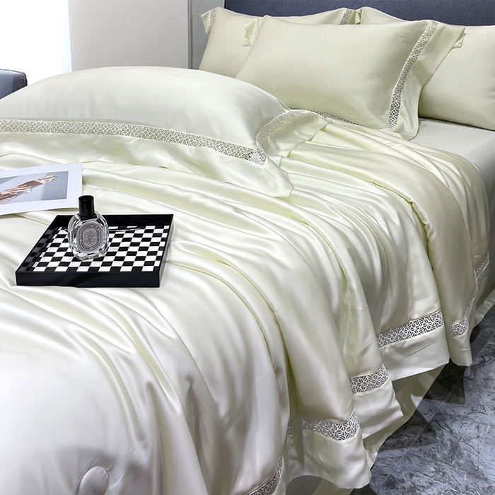 91家纺网 家纺一手货源 找家纺 洽想家 2025新款80支天丝镂空瑾系列夏被四件套 瑾-皓月白