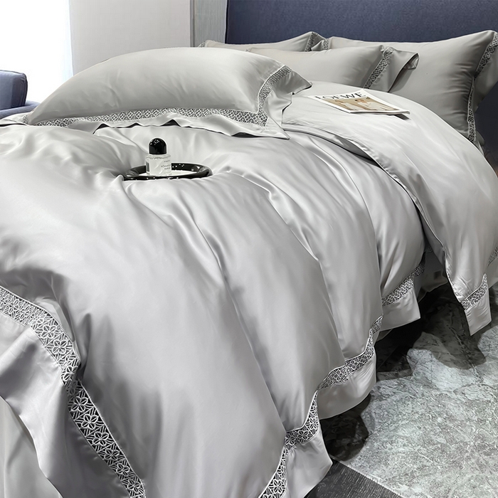 91家纺网 家纺一手货源 找家纺 洽想家 2025新款80支天丝镂空瑾系列夏被四件套 瑾-经典灰