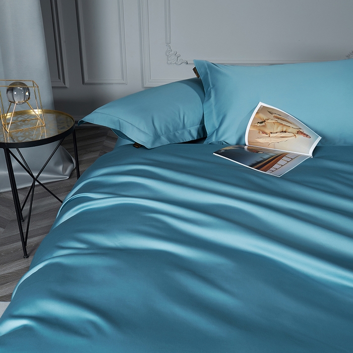 91家纺网 家纺一手货源 找家纺 洽想家 2025新款100支新疆长绒棉纯色双拼四件套 茗翠蓝-