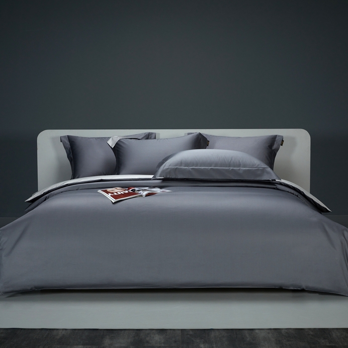 洽想家 2025新款100支新疆长绒棉纯色双拼四件套 帝王灰+浅灰色-