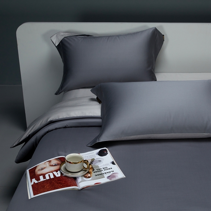 91家纺网 家纺一手货源 找家纺 洽想家 2025新款100支新疆长绒棉纯色双拼四件套 帝王灰+浅灰色-