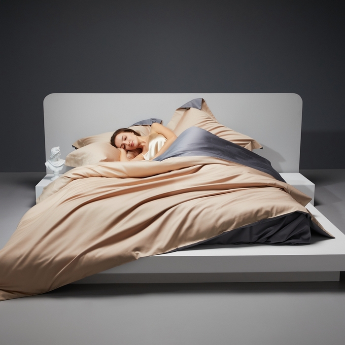 91家纺网 家纺一手货源 找家纺 洽想家 2025新款100支新疆长绒棉纯色双拼四件套 诺丁金+帝王灰-