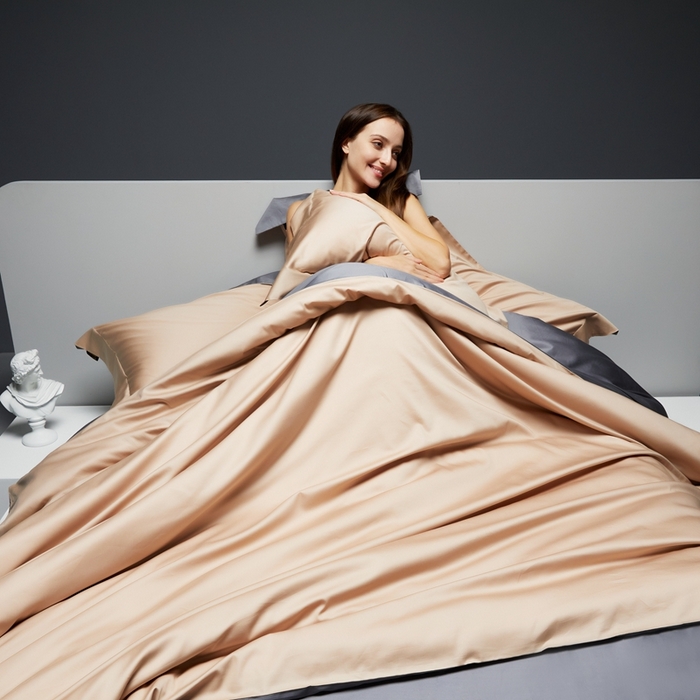 91家纺网 家纺一手货源 找家纺 洽想家 2025新款100支新疆长绒棉纯色双拼四件套 诺丁金+帝王灰-