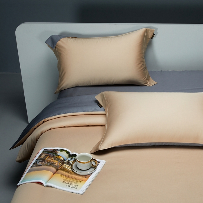 91家纺网 家纺一手货源 找家纺 洽想家 2025新款100支新疆长绒棉纯色双拼四件套 诺丁金+帝王灰-