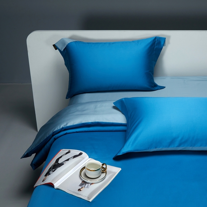 91家纺网 家纺一手货源 找家纺 洽想家 2025新款100支新疆长绒棉纯色双拼四件套 元气蓝+茗翠兰-