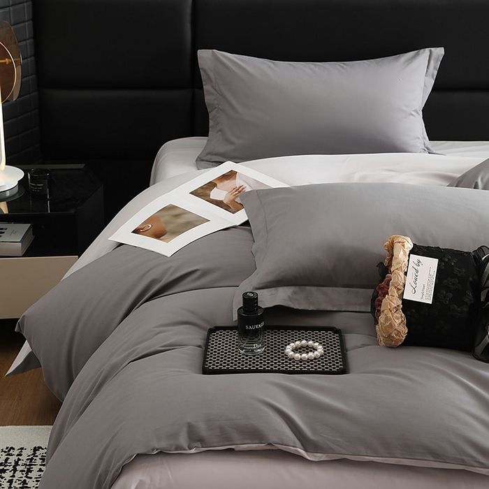 91家纺网 家纺一手货源 找家纺 洽想家 2025新款全棉磨毛纯色四件套 北欧灰拼浅灰