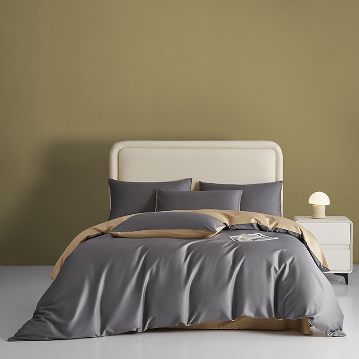 91家纺网 家纺一手货源 找家纺 洽想家 2025新款纯色双拼80支长绒棉四件套 帝都灰+香槟-