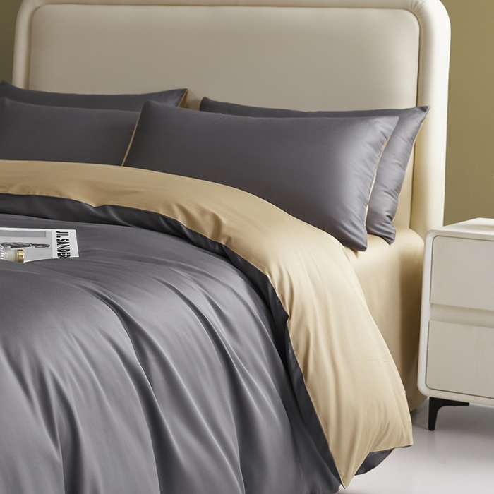 91家纺网 家纺一手货源 找家纺 洽想家 2025新款纯色双拼80支长绒棉四件套 帝都灰+香槟-