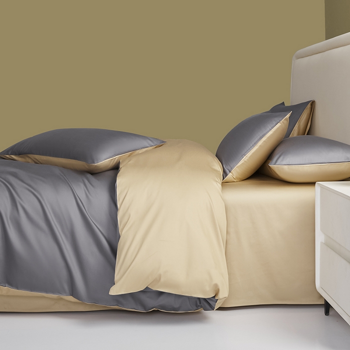 91家纺网 家纺一手货源 找家纺 洽想家 2025新款纯色双拼80支长绒棉四件套 帝都灰+香槟-