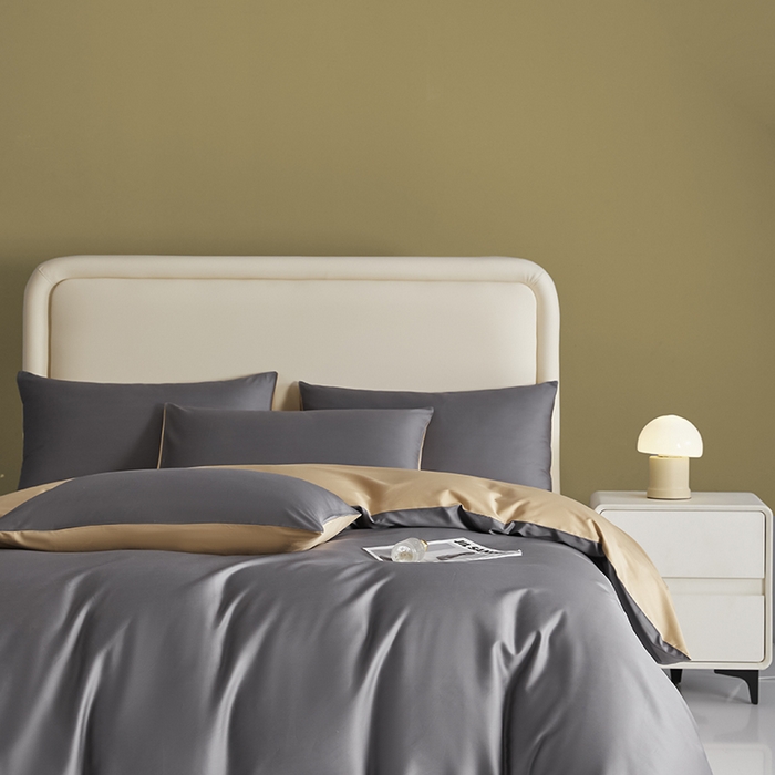 91家纺网 家纺一手货源 找家纺 洽想家 2025新款纯色双拼80支长绒棉四件套 帝都灰+香槟-